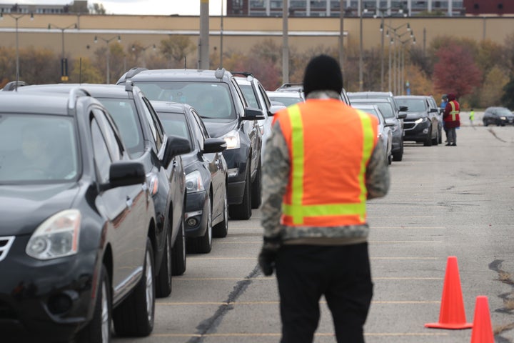 Cars line up for COVID-19 testing in Milwaukee.