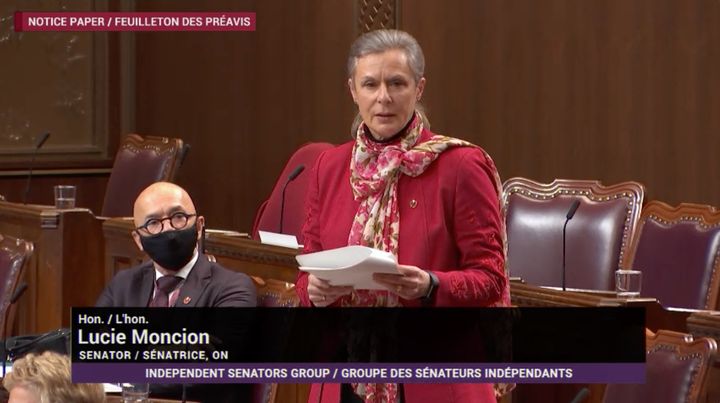 Sen. Lucie Moncion delivers a speech about a motion proposing the Senate ask the House of Commons to table legislation to freeze pay increase for parliamentarians during the pandemic.