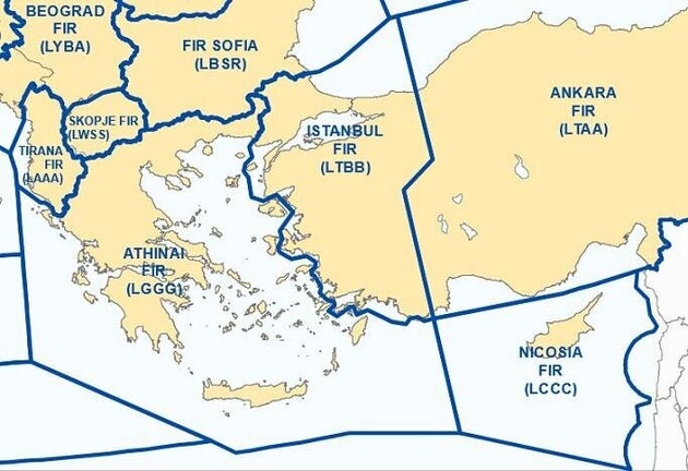 Εικόνα 1. Άποψη του FIR Αθηνών, καθώς και FIR γειτονικών χωρών. Πηγή: ″defense.gr″,