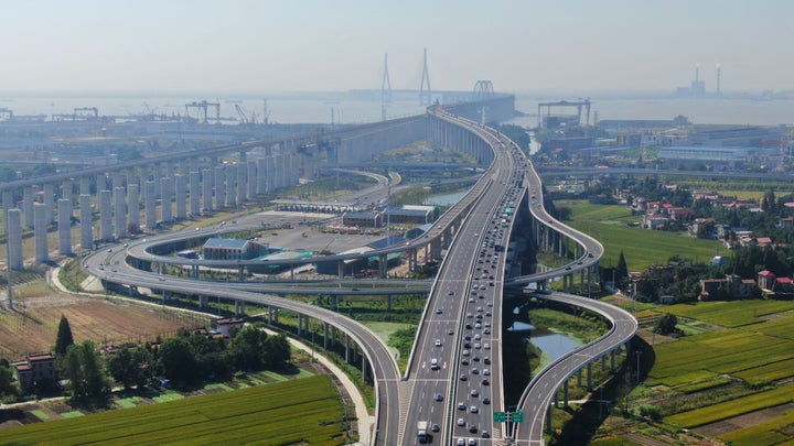 An aerial view of the Shanghai-Suzhou-Nantong bridge over the Yangtze River during the eight-day National Day holiday, on Oct. 6, 2020, Nantong, China.