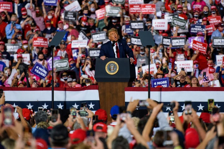 President Donald Trump addresses a crowd of several thousand rallygoers in Gastonia, North Carolina, on Oct. 21.