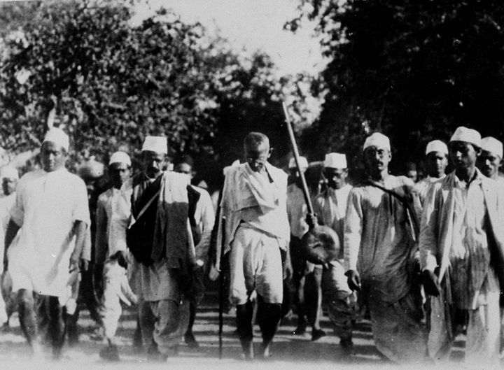 Mahatma Gandhi leading his followers on the famous salt march to break the English Salt Laws
