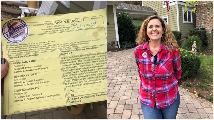 Becky Madigan is an evangelical Christian voter from Virginia. A Bible verse that helped her find clarity about her decision to vote for Joe Biden is written on her sample ballot, on the left.