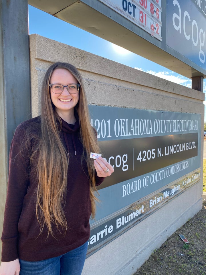 Joy Kinser of Oklahoma City is pictured here after dropping off her absentee ballot.