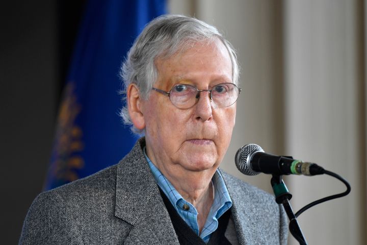 Senate Majority Leader Mitch McConnell, R-Ky., speaks to supporters during a rally in Lawrenceburg, Ky., Wednesday, Oct. 28, 2020. (AP Photo/Timothy D. Easley)