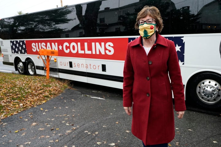 Republican Sen. Susan Collins arrives at a campaign stop Thursday, Oct. 29, 2020, in Limington, Maine. Collins is seeking reelection against Democratic challenger Sara Gideon, the speaker of the Maine House. (AP Photo/Robert F. Bukaty)