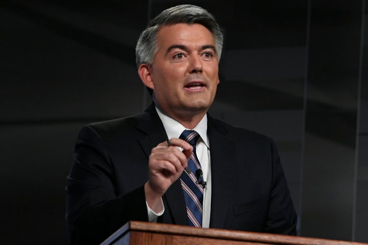 Republican U.S. Sen. Cory Gardner speaks during a debate with Democratic former Colorado Gov. John Hickenlooper, Friday, Oct. 9, 2020 in Denver. (Hyoung Chang/The Denver Post via AP, Pool)