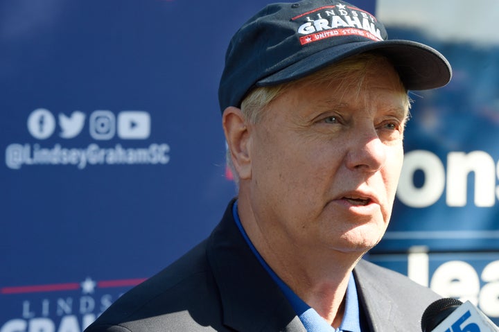 U.S. Sen. Lindsey Graham, R-S.C., speaks at a campaign rally on Saturday, Oct. 31, 2020, in Conway, S.C. (AP Photo/Meg Kinnard)