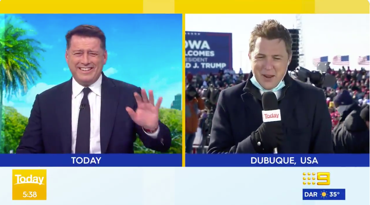 Today show host Karl Stefanovic and reporter Tim Arvier erupt into laughter over a hilarious fail at Trump's rally in Iowa. 