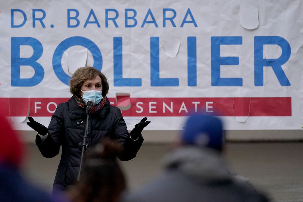 Democratic state Sen. Barbara Bollier address the crowd during a campaign stop Oct. 28 in Topeka, Kansas.