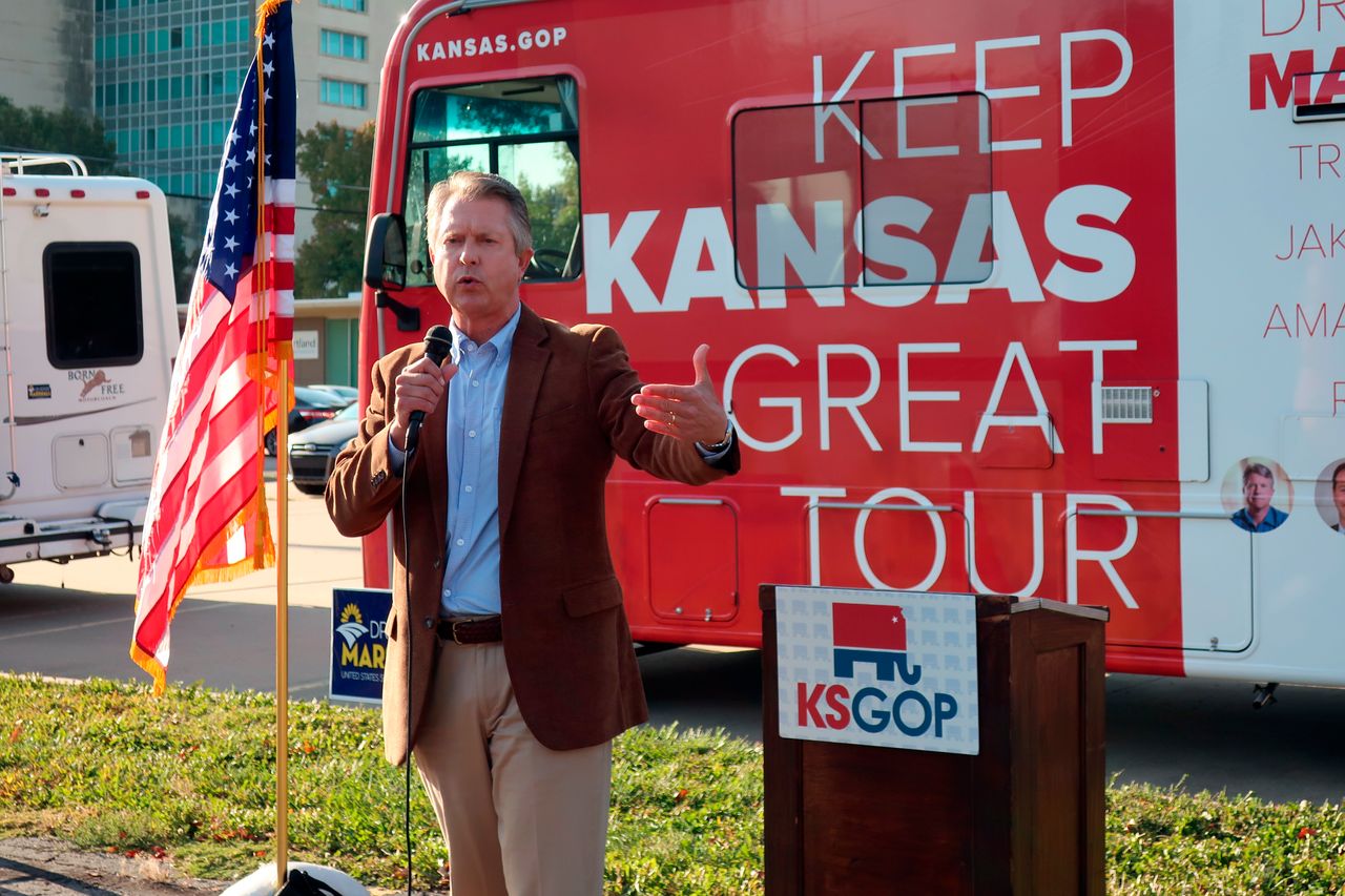 U.S. Rep. Roger Marshall, the Republican nominee for an open U.S. Senate seat in Kansas, speaks during a stop in a GOP bus tour of the state on Oct. 6 in Topeka.