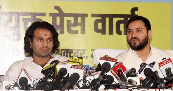 PATNA, INDIA - OCTOBER 3: RJD leaders Tejashwi Yadav and Tej Pratap Yadav during the Grand Alliance press conference, on October 3, 2020 in Patna, India. (Photo by Santosh Kumar/Hindustan Times via Getty Images)
