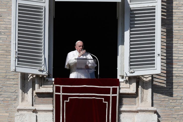 Pope Francis delivers the Angelus noon prayer in St. Peter's Square at the Vatican, Sunday, Nov. 1, 2020.