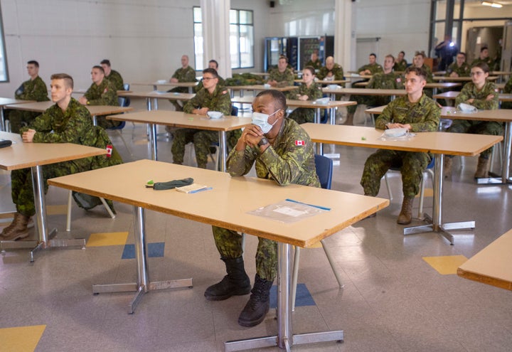 Members of the Canadian Armed Forces take part in a training session before being deployed to senior's residences on April 29, 2020 in Montreal.