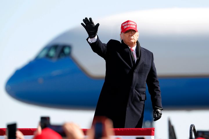 President Donald Trump acknowledges the crowd following a speech at a campaign rally in Fayetteville, North Carolina, on Nov. 2, 2020.
