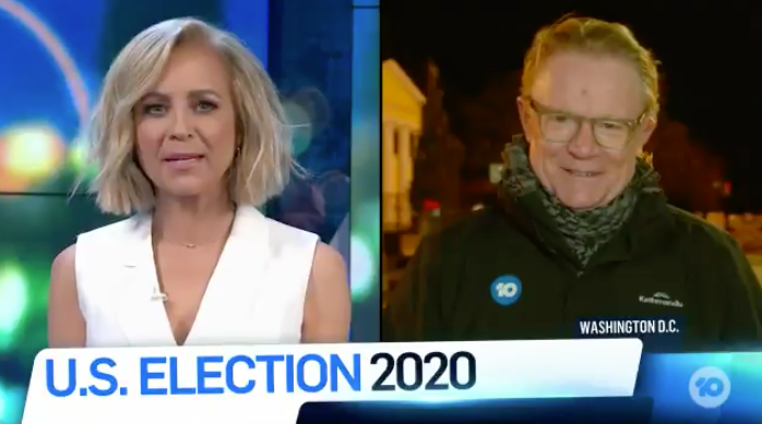 During a live cross to Channel 10 reporter Hugh Riminton who was on the ground in Washington DC, Carrie said, "These are full on images – businesses being boarded up, barricades being set up..." 