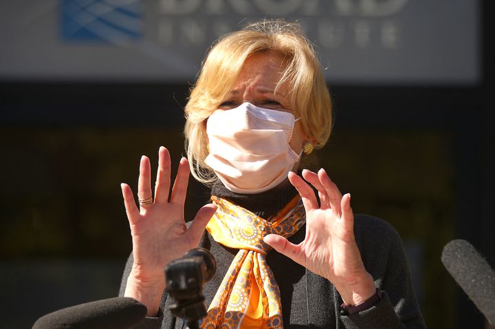 Dr. Deborah Birx speaks to the media outside the Broad Institute in Cambridge, Massachusetts, on Oct. 9. This week, she urged the White House to take “much more aggressive action” to tackle COVID-19, according to The Washington Post. 