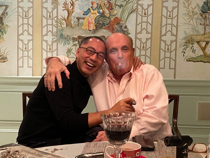 In a photo posted by an obscure Twitter account on Oct. 11, 2020, fugitive Chinese tycoon Guo Wengui and Donald Trump's personal attorney Rudy Giuliani are seen partying together, the same weekend they launched a disinformation campaign to smear Democratic presidential nominee Joe Biden.