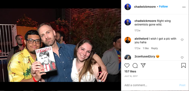 Chadwick Moore poses with Morris at a book party for neo-Nazi apologist Milo Yiannopoulos.