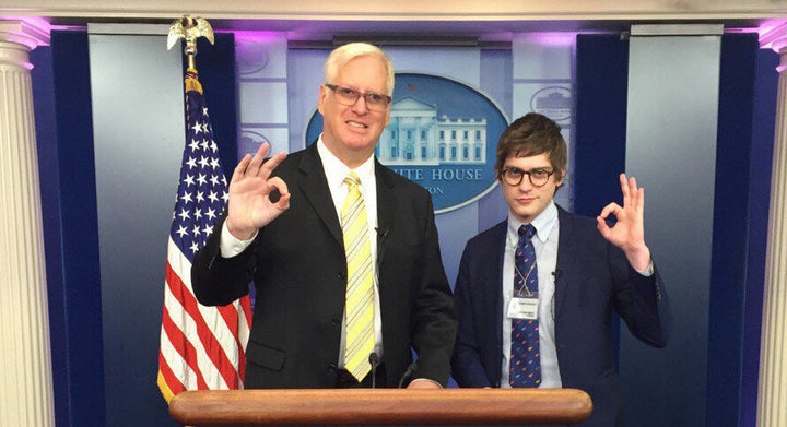 Gateway Pundit founder Jim Hoft and his White House correspondent Lucian Wintrich display the "OK" white power hand gesture in the White House press room.