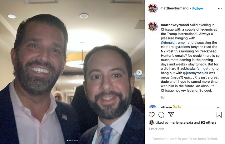 Donald Trump Jr. and Tyrmand take a picture together in Chicago on Oct. 14, 2020, the day Morris' first Biden story was published.