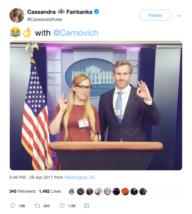 Gateway Pundit Washington bureau chief Cassandra Fairbanks and disinformation peddler Mike Cernovich display the white power "OK" hand gesture in the White House press room.