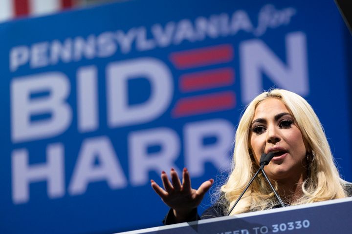 Lady Gaga speaks in support of Democratic presidential nominee Joe Biden during a drive-in campaign rally at Heinz Field in Pittsburgh, Pennsylvania