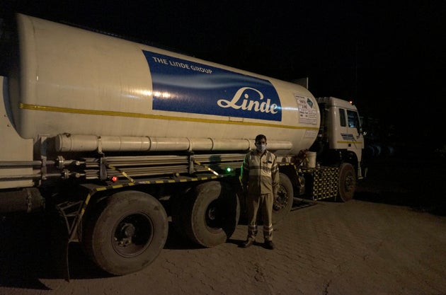 Subhas Kumar Yadav, a truck driver who ferries liquid oxygen from a Linde India factory to hospitals,...