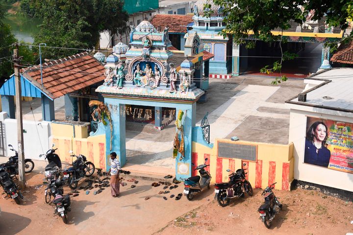 A poster of US Democratic vice-presidential candidate, Kamala Harris, is displayed at a temple in Thulasendrapuram in the southern Indian state of Tamil Nadu on November 3, 2020.