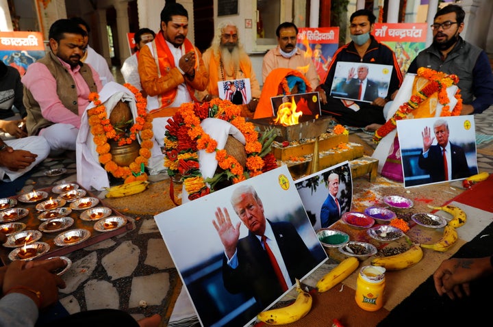 Activists of Hindu Sena, a Hindu right-wing group, perform a special prayer to ensure a victory of U.S. President Donald Trump in the elections, in New Delhi, India November 3, 2020.