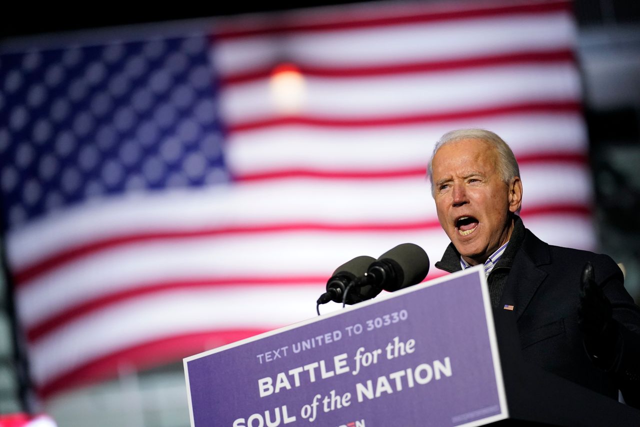 Joe Biden speaks at a drive-in rally at Heinz Field, Monday, November 2.