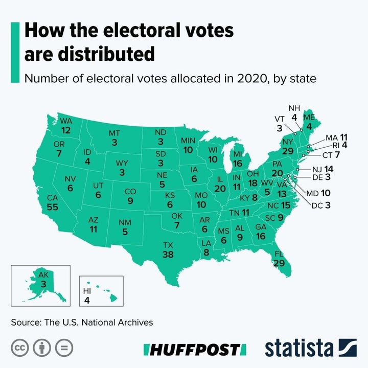 Mapa de los votos electorales que emite cada estado. Ganará el candidato que obtenga al menos 270.
