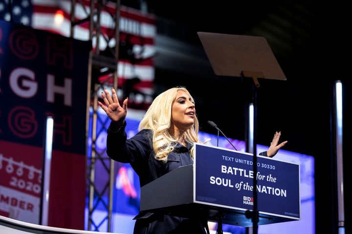 Lady Gaga speaks during a drive-in campaign event for Democratic presidential candidate and former Vice President Joe Biden i