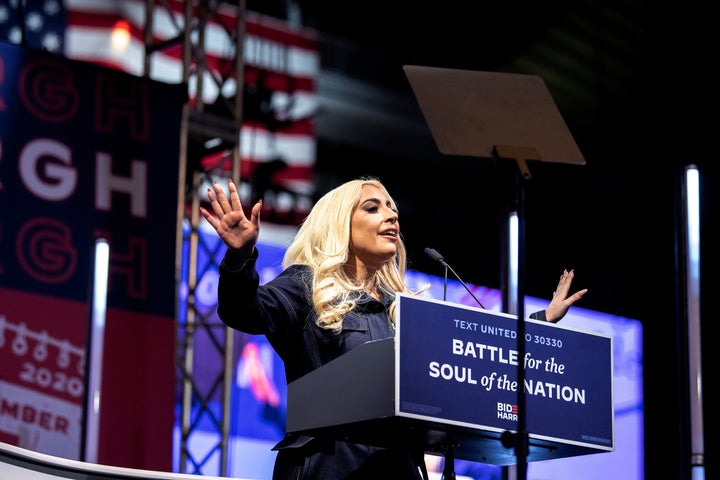 Lady Gaga speaks during a drive-in campaign event for Democratic presidential candidate and former Vice President Joe Biden in the parking lot outside of Heinz Field on Pittsburgh's North Shore, Monday, Nov. 2, 2020. (Alexandra Wimley/Pittsburgh Post-Gazette via AP)