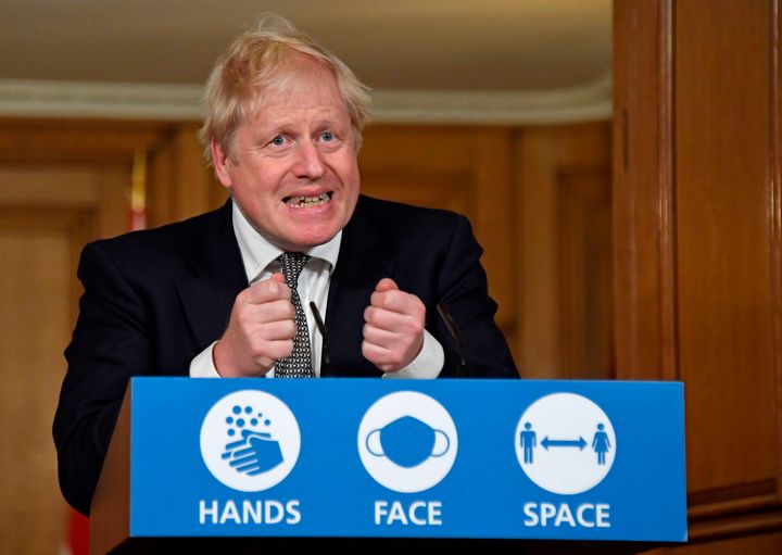 Boris Johnson speaks during a virtual press conference inside 10 Downing Street in central London on October 31, 2020