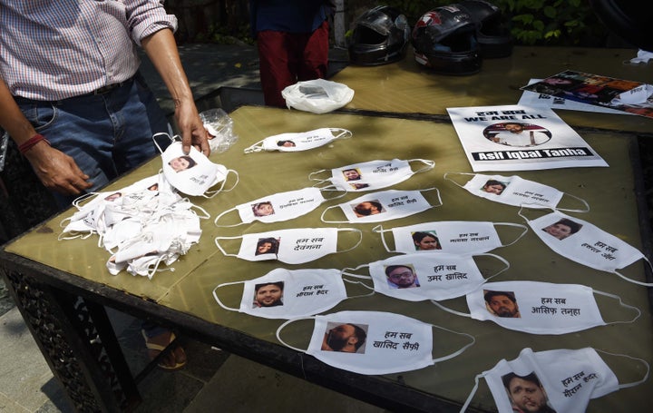 Masks distributed during a press conference on the arrest of student activist Umar Khalid, on September 16, 2020 in New Delhi, India. 