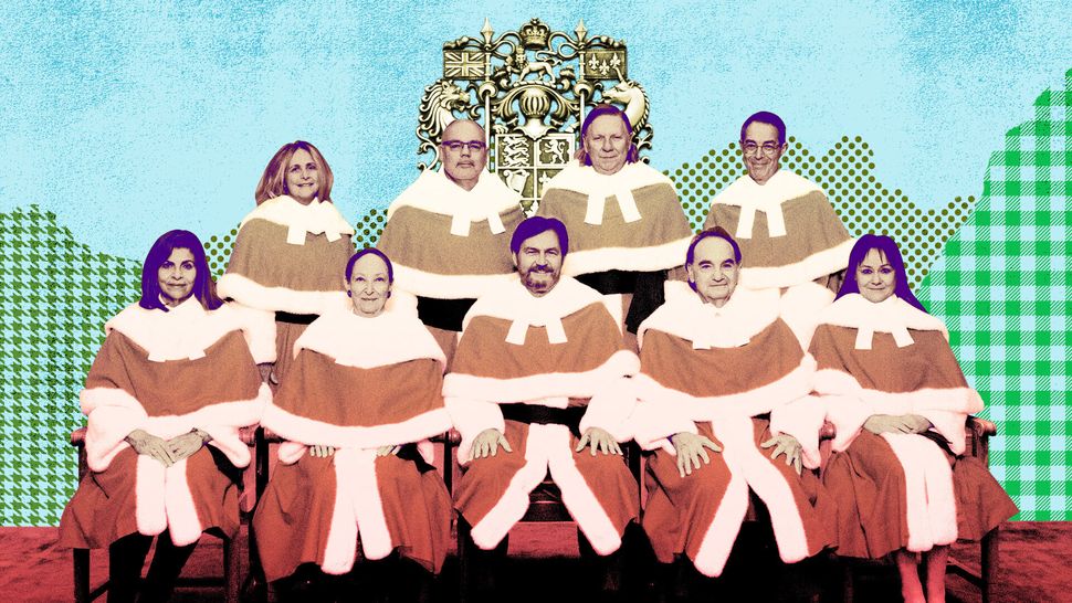 Judges of the Supreme Court of Canada are seen here in a modified official court photo. From left to right, the back row includes the Honourable Sheilah L. Martin, the Honourable Russell Brown, the Honourable Malcolm Rowe, and the Honourable Nicholas Kasirer. In the front row are the Honourable Andromache Karakatsanis, the Honourable Rosalie Silberman Abella, the Right Honourable Richard Wagner, P.C., Chief Justice of Canada, the Honourable Michael J. Moldaver, and the Honourable Suzanne Côté.