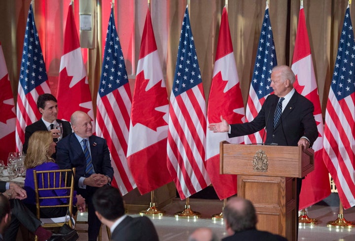 Joe Biden addresses Prime Minister Justin Trudeau as he speaks during a state dinner on Dec. 8, 2016 in Ottawa.