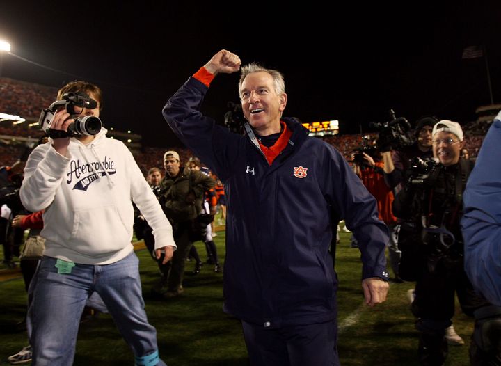 Head coach Tommy Tuberville of the Auburn Tigers celebrates after his team's victory over the Alabama Crimson Tide at Jordan-Hare Stadium on Nov. 24, 2007 in Auburn, Alabama.