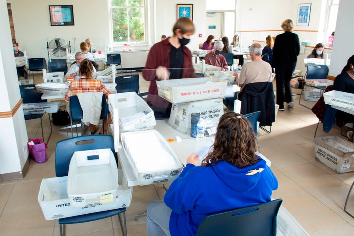 Electoral workers begin processing ballots at Northampton County Courthouse in Easton, Pennsylvania, on Election Day.