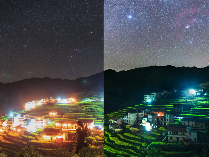 Le ciel du comté de Kaihua, en Chine, la nuit du 16 mai 2019, dans le cadre d'une opération de la NASA visant à sensibiliser à la pollution lumineuse. La photo de droite a été prise avec la même caméra, au même endroit, lumières éteintes.