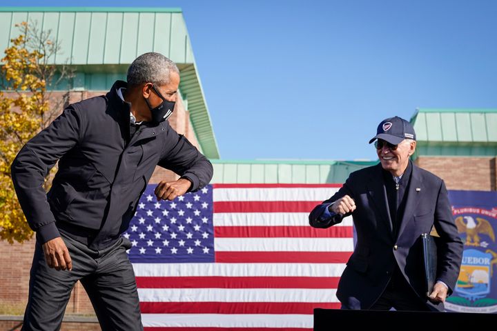 Former President Barack Obama and Democratic presidential nominee Joe Biden's greeting at a rally in Flint, Michigan, has sparked a Photoshop battle on Reddit.