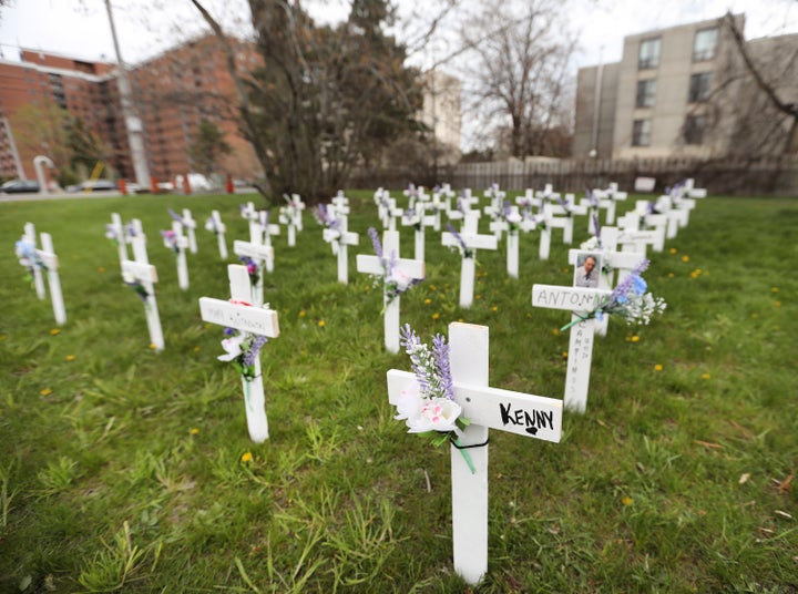 Crosses on the side lawn of the Camilla Care Community nursing home in Mississauga, Ont. on May 10, 2020. 