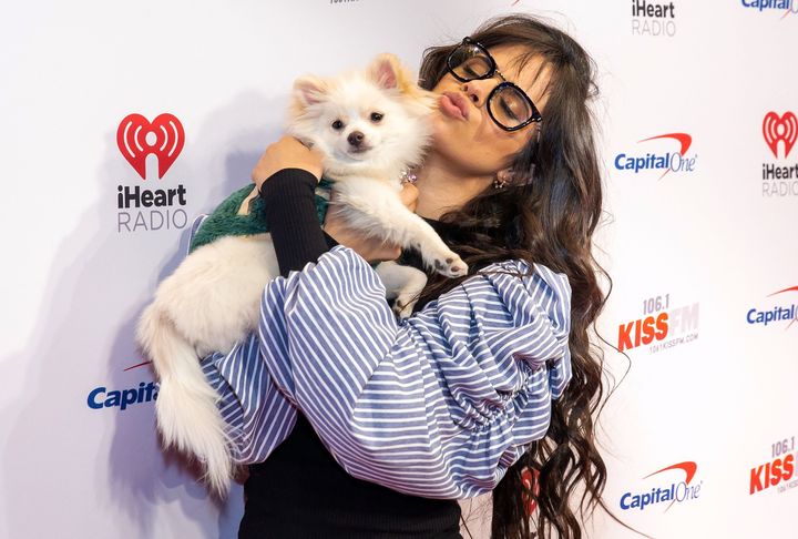 Camila Cabello and her dog Eugene Fitzherbert at the iHeartRadio 106.1 KIIS FM Jingle Ball at Dickies Arena in Fort Worth, Texas on Dec. 3.
