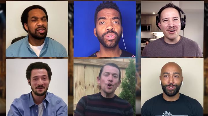 Members of various "Hamilton" casts sing "Dear Theodosia." Clockwise from top left: Edred Utomi, Julius Thomas III, Joseph Morales, Pierre Jean Gonzalez, Miguel Cervantes and Jamael Westman.