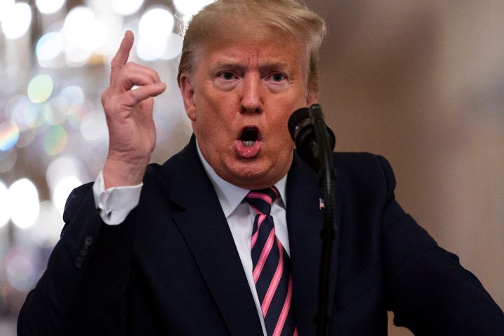 Trump speaks during an event celebrating his impeachment acquittal in the East Room of the White House in February 2020.