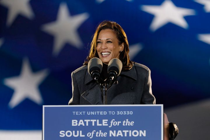 Kamala Harris addresses supporters at a drive-in rally in Philadelphia on Nov. 2, 2020.