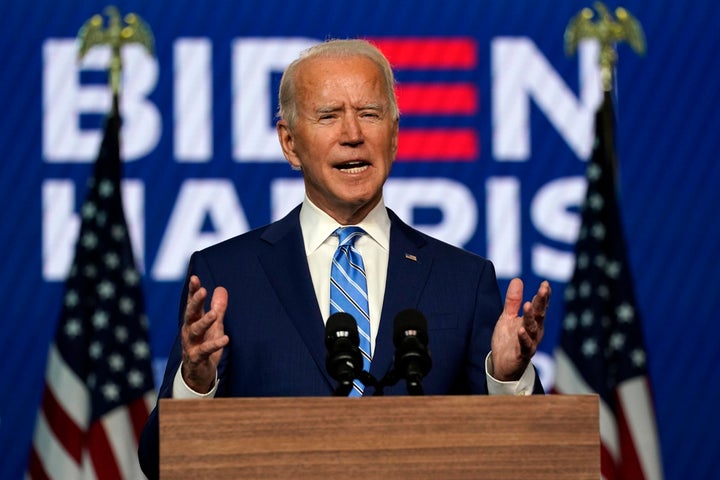 Joe Biden has urged his supporters to keep the faith and to wait until the election was called - pictured here on November 4 in Wilmington, Delaware 