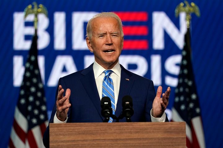 Democratic presidential candidate former Vice President Joe Biden speaks Wednesday, Nov. 4, 2020, in Wilmington, Del. 