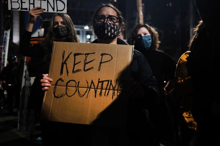 People participate in a protest in support of counting all votes as the election in Pennsylvania is still unresolved on Nov. 4, 2020, in Philadelphia. 